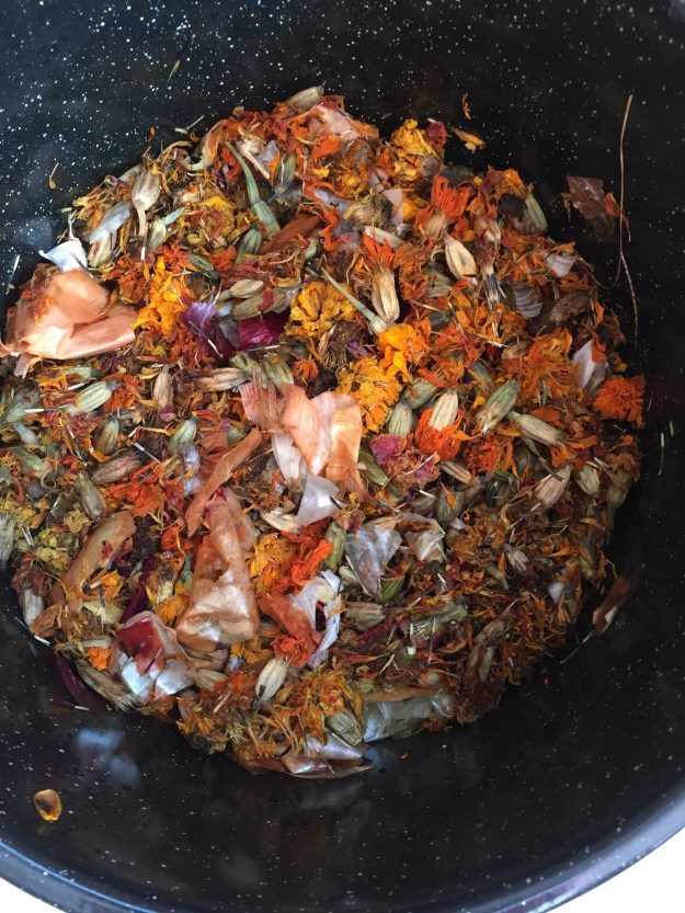 marigold and onion skins soaking before dyed